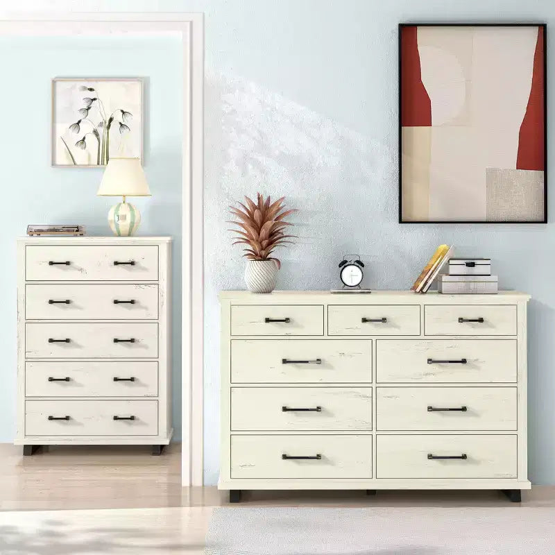 Festivo Ensemble commode contemporaine à 9 tiroirs et chiffonnier à 5 tiroirs de 38 po, aspect bois brut blanchi : Rangement de chambre à coucher nécessitant un assemblage par un adulte