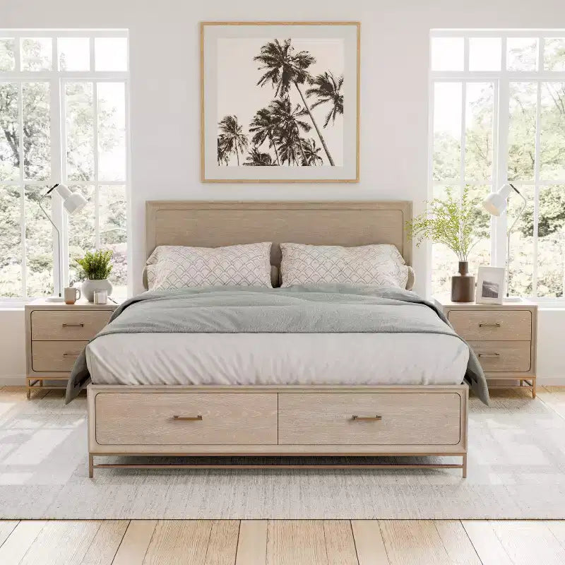 HOMES: Inside + Out Ensemble de chambre à coucher 3 pièces King Riverstone Mid-Century Modern avec 2 tables de chevet Noyer