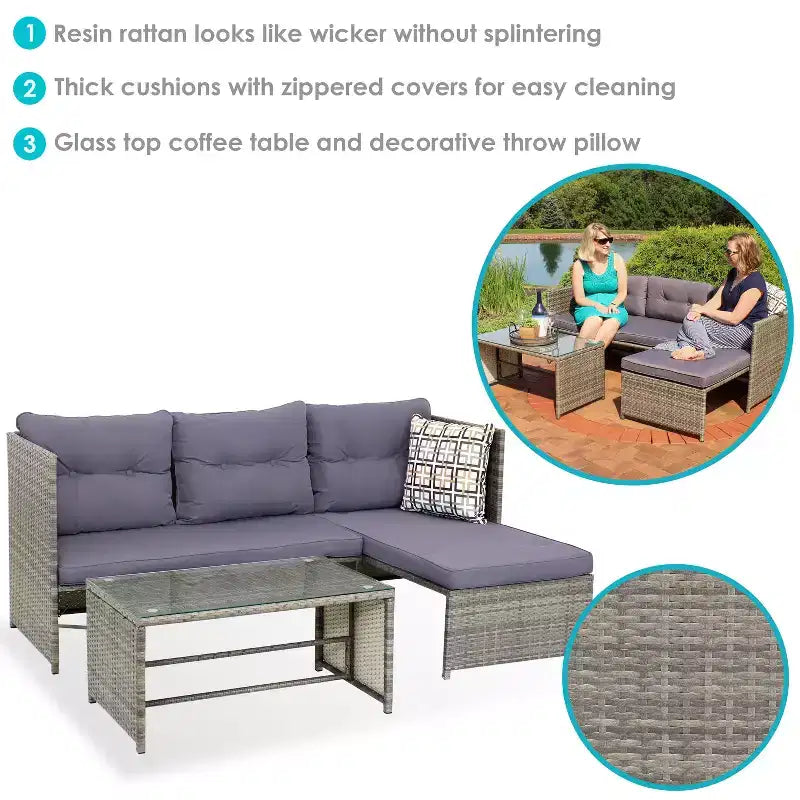 Ensemble de conversation d'extérieur Sunnydaze Longford en rotin avec canapé sectionnel et chaise longue, coussins d'assise et table basse – Anthracite – 2 pièces