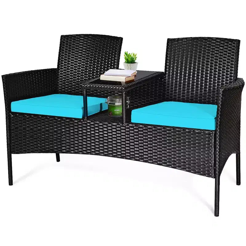 Ensemble de conversation Costway pour patio en rotin, canapé rembourré, causeuse, table en verre, chaise rouge/turquoise