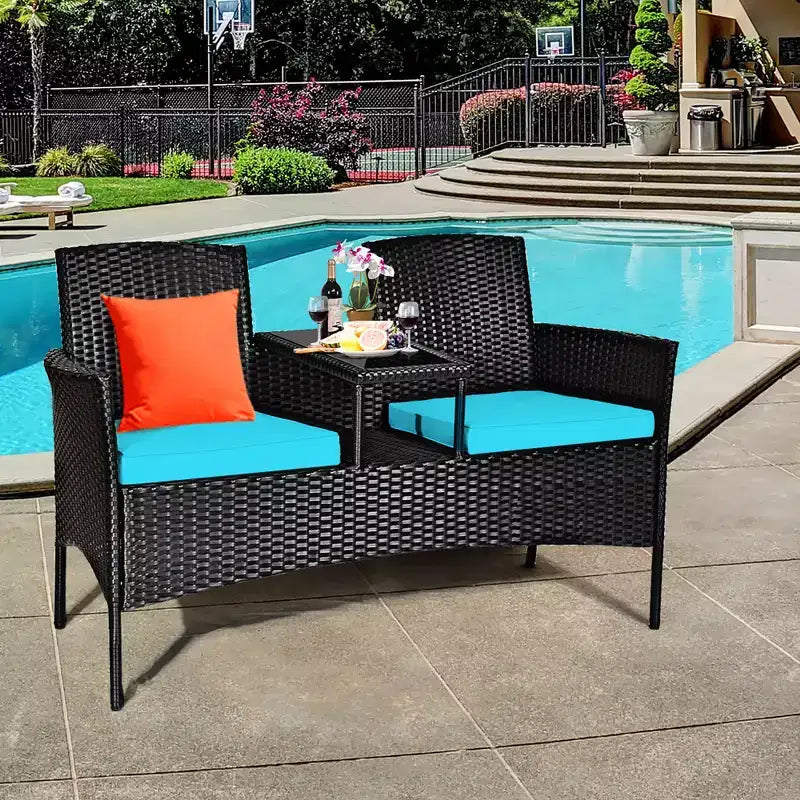 Ensemble de conversation Costway pour patio en rotin, canapé rembourré, causeuse, table en verre, chaise rouge/turquoise