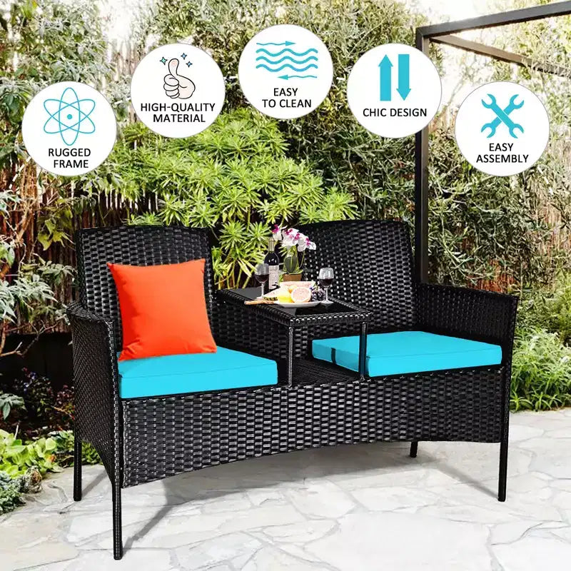 Ensemble de conversation Costway pour patio en rotin, canapé rembourré, causeuse, table en verre, chaise rouge/turquoise