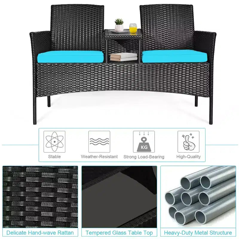 Ensemble de conversation Costway pour patio en rotin, canapé rembourré, causeuse, table en verre, chaise rouge/turquoise