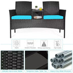 Ensemble de conversation Costway pour patio en rotin, canapé rembourré, causeuse, table en verre, chaise rouge/turquoise