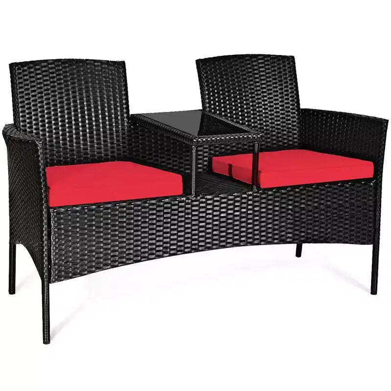 Ensemble de conversation Costway pour patio en rotin, canapé rembourré, causeuse, table en verre, chaise rouge/turquoise