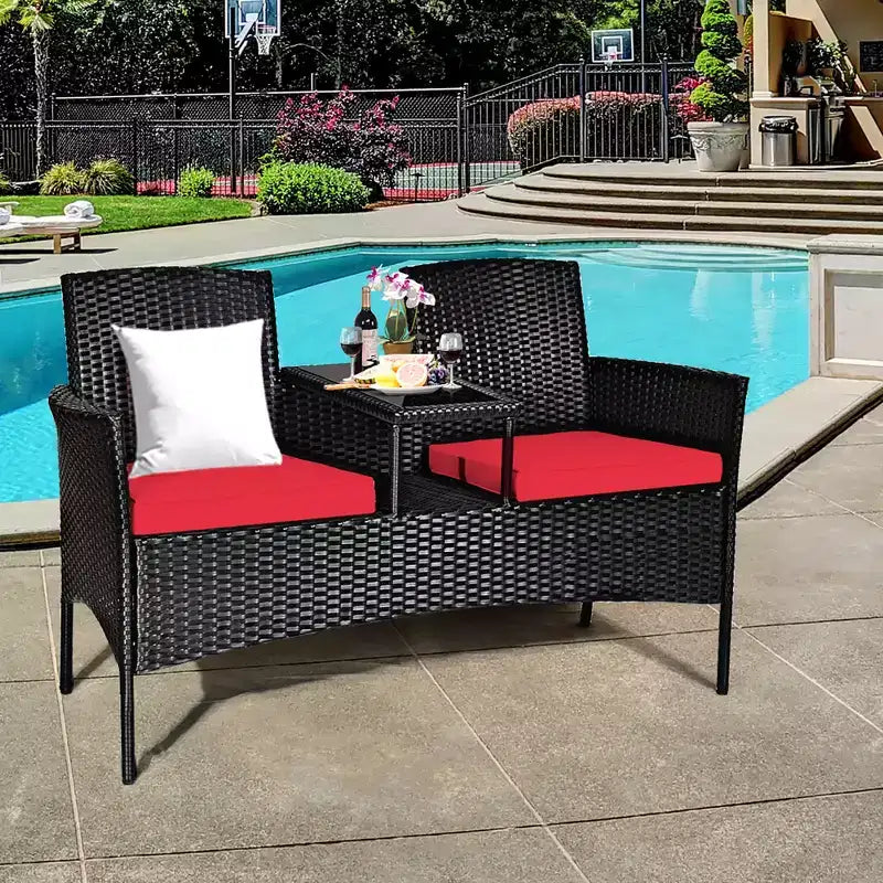 Ensemble de conversation Costway pour patio en rotin, canapé rembourré, causeuse, table en verre, chaise rouge/turquoise