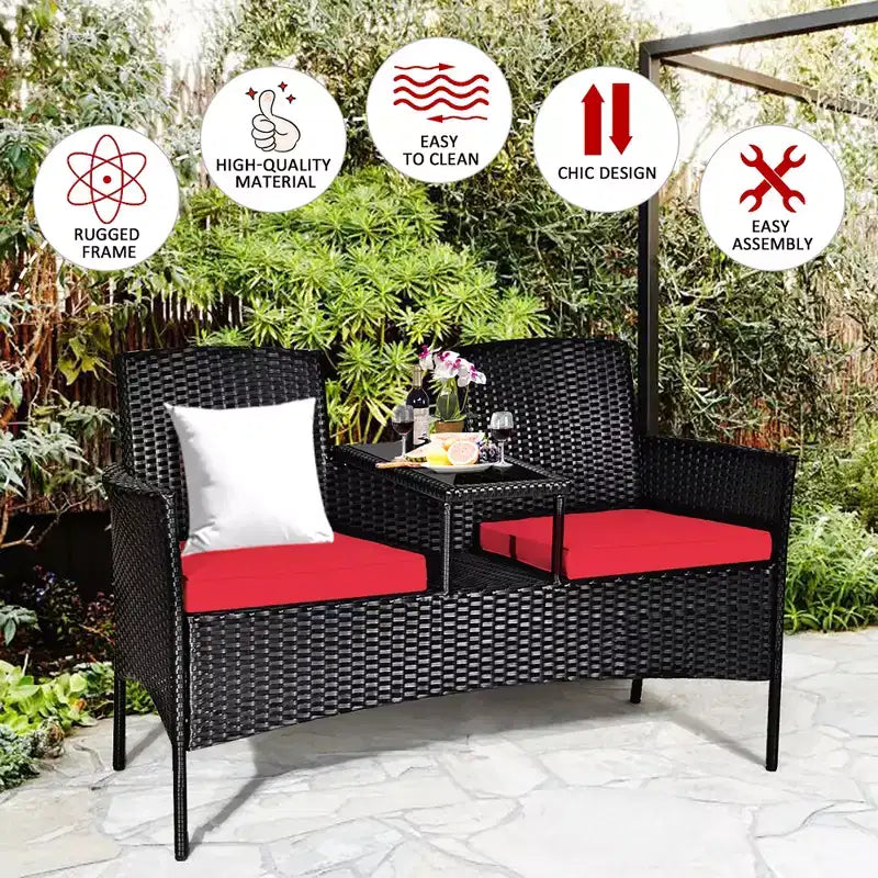 Ensemble de conversation Costway pour patio en rotin, canapé rembourré, causeuse, table en verre, chaise rouge/turquoise