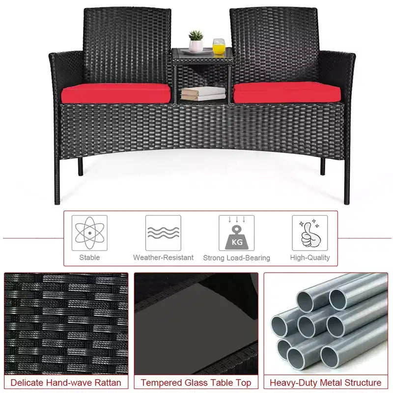 Ensemble de conversation Costway pour patio en rotin, canapé rembourré, causeuse, table en verre, chaise rouge/turquoise