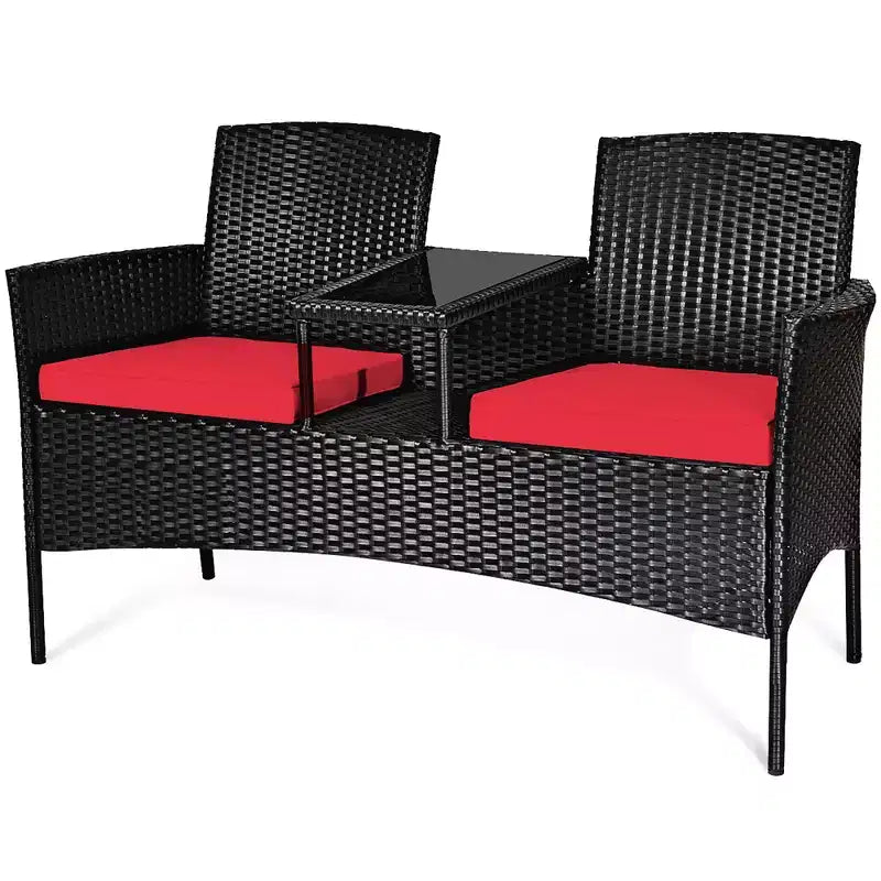 Ensemble de conversation Costway pour patio en rotin, canapé rembourré, causeuse, table en verre, chaise rouge/turquoise