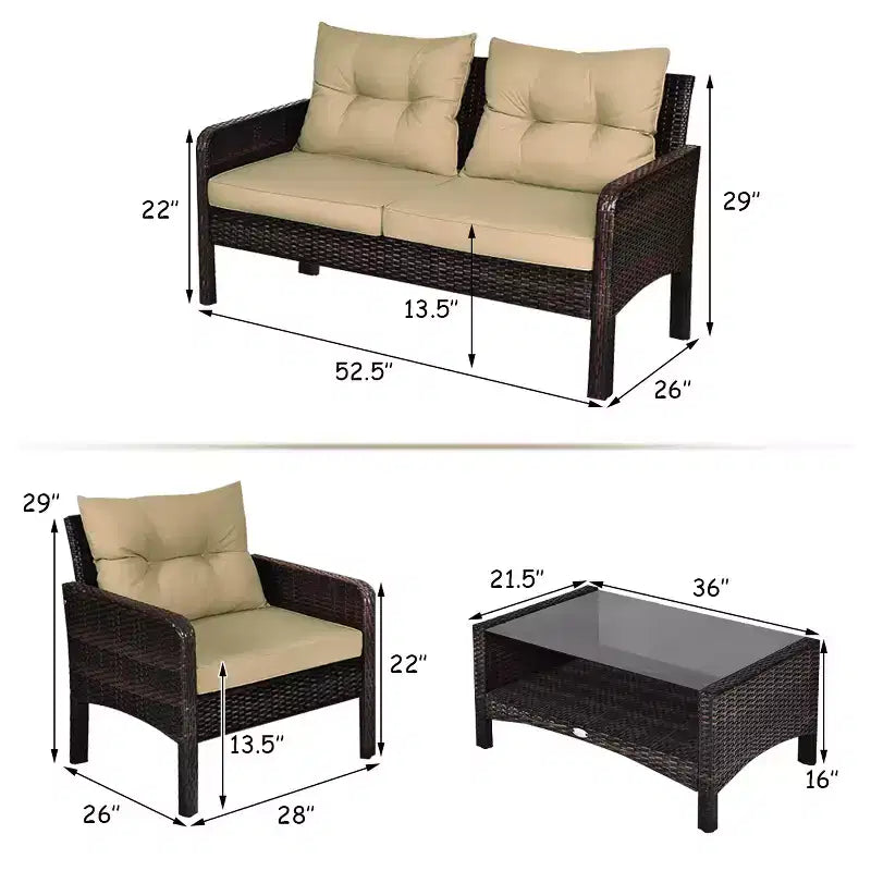 Costway Ensemble de Meubles de Jardin 4 Pièces en Rotin, Canapé Causeuse Table Basse avec Coussins