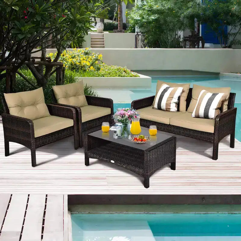 Costway Ensemble de Meubles de Jardin 4 Pièces en Rotin, Canapé Causeuse Table Basse avec Coussins