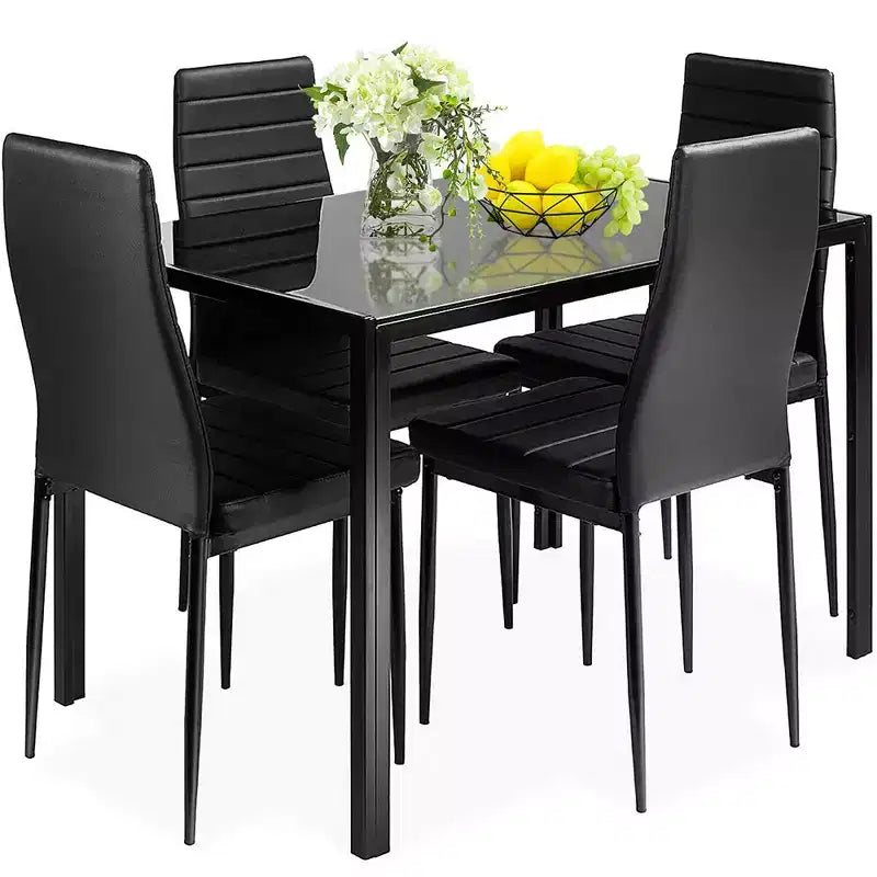 Costway Ensemble de salle à manger 5 pièces en verre et métal Table 76 cm et 4 chaises Meubles de petit-déjeuner Noir