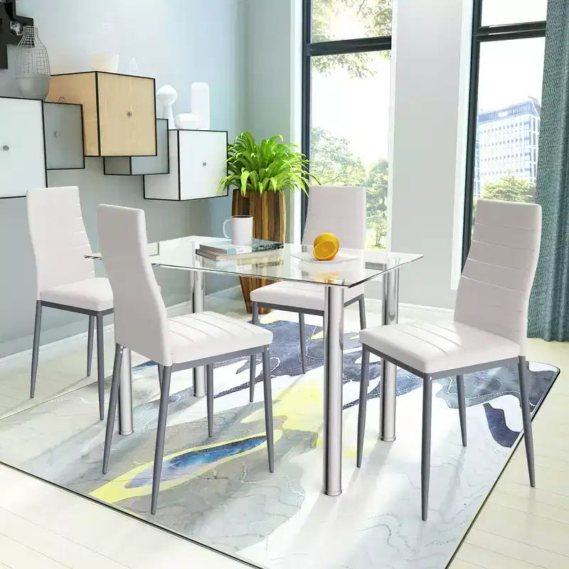 Ensemble de salle à manger 5 pièces Costway Table de 75,2 cm et 4 chaises Meubles de cuisine en verre et métal Blanc
