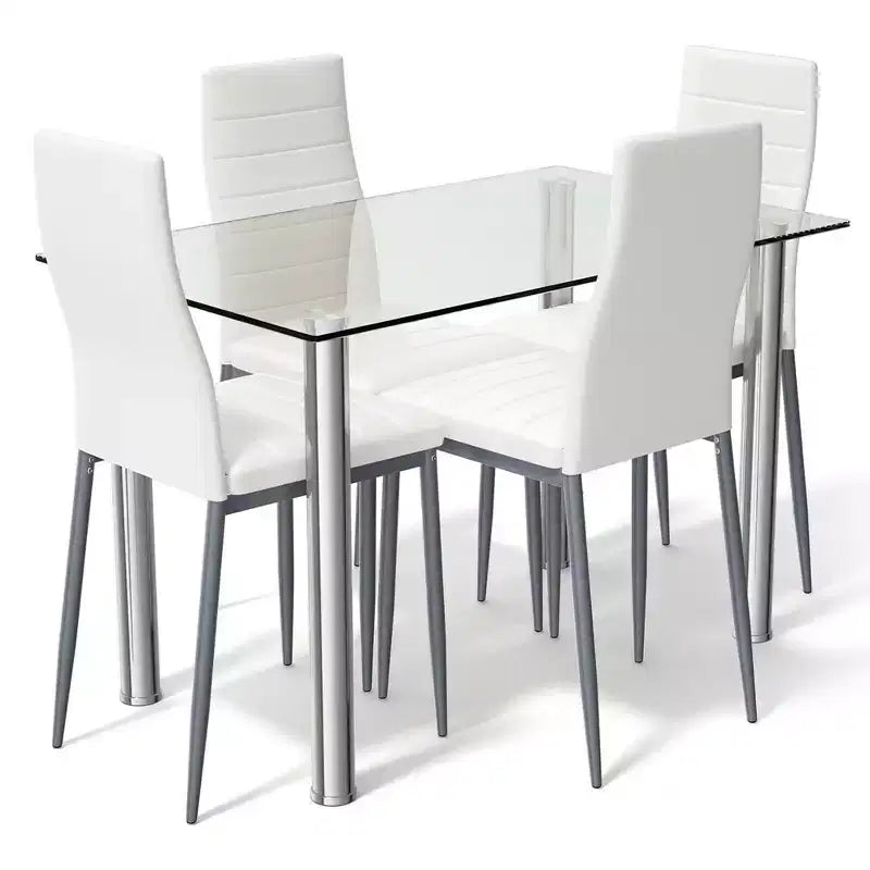 Ensemble de salle à manger 5 pièces Costway Table de 75,2 cm et 4 chaises Meubles de cuisine en verre et métal Blanc