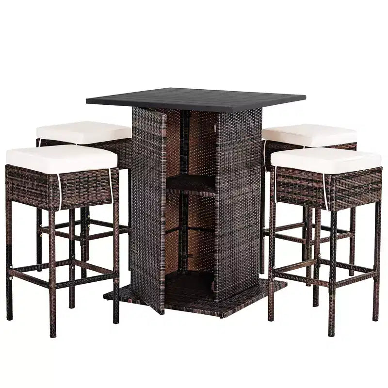 Costway Table de bar 5 pièces en rotin pour terrasse avec tabourets et étagère de rangement cachée, coussinée
