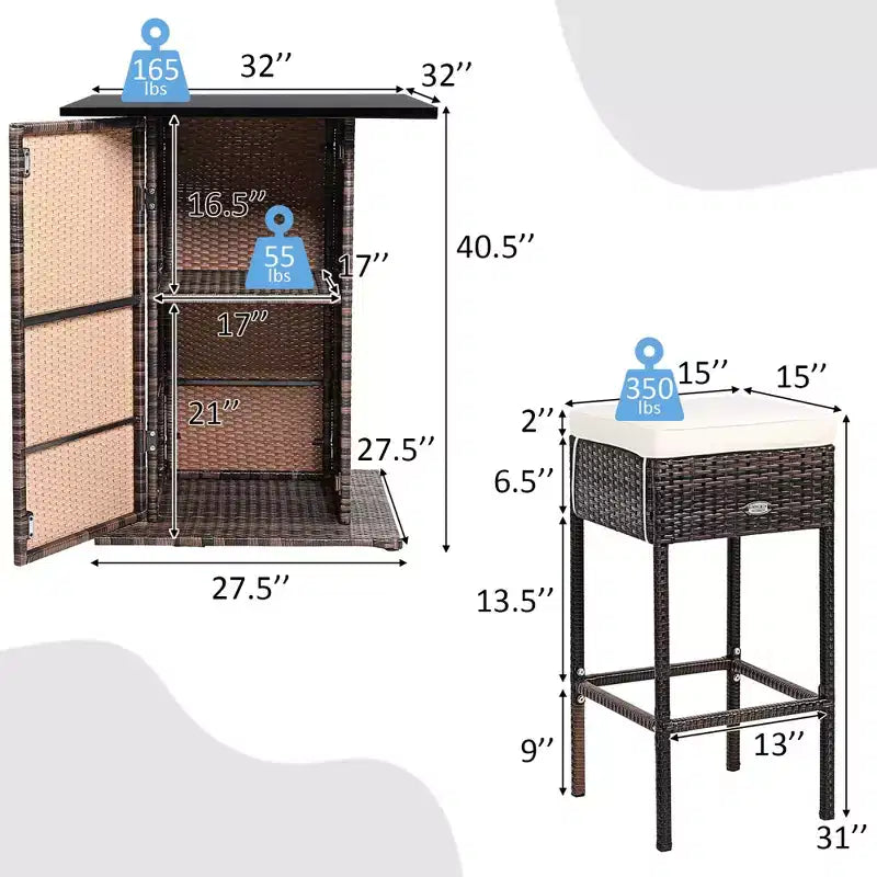 Costway Table de bar 5 pièces en rotin pour terrasse avec tabourets et étagère de rangement cachée, coussinée