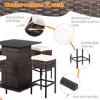 Costway Table de bar 5 pièces en rotin pour terrasse avec tabourets et étagère de rangement cachée, coussinée