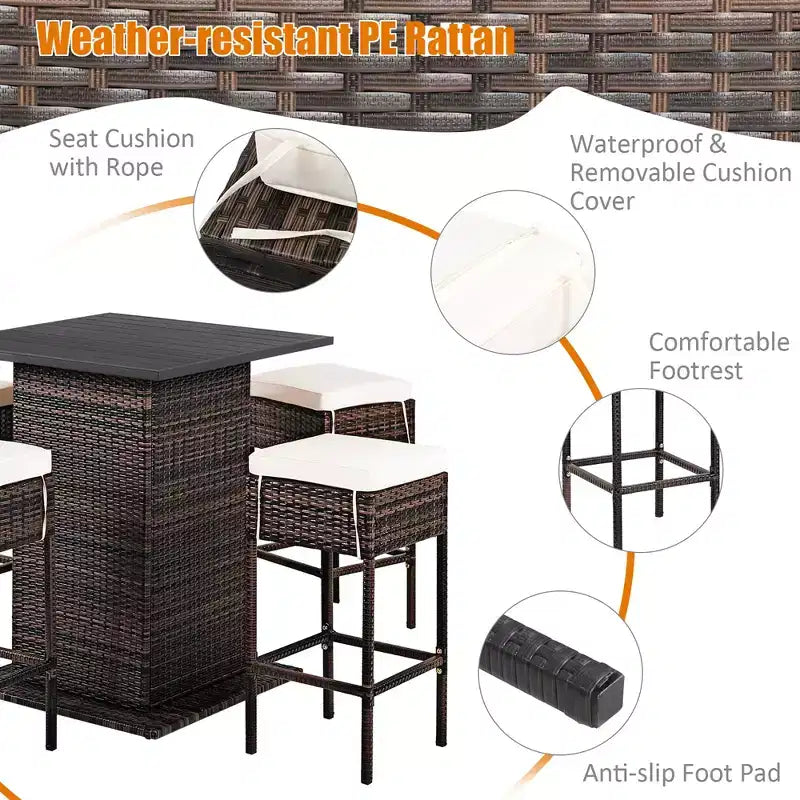 Costway Table de bar 5 pièces en rotin pour terrasse avec tabourets et étagère de rangement cachée, coussinée