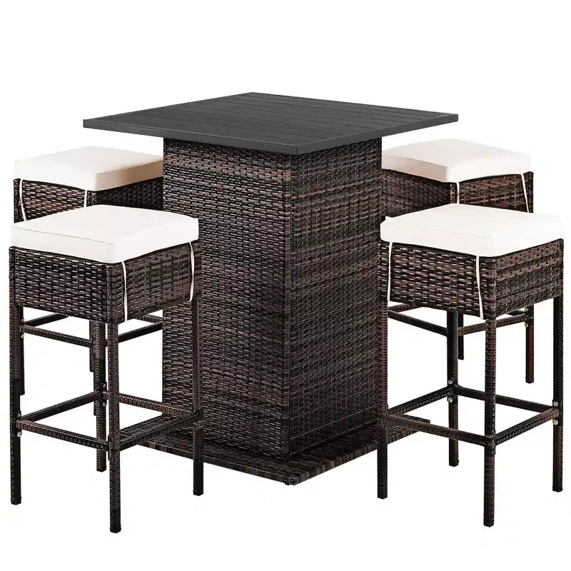 Costway Table de bar 5 pièces en rotin pour terrasse avec tabourets et étagère de rangement cachée, coussinée