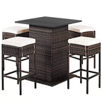 Costway Table de bar 5 pièces en rotin pour terrasse avec tabourets et étagère de rangement cachée, coussinée