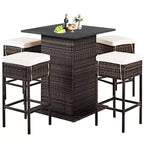Costway Table de bar 5 pièces en rotin pour terrasse avec tabourets et étagère de rangement cachée, coussinée