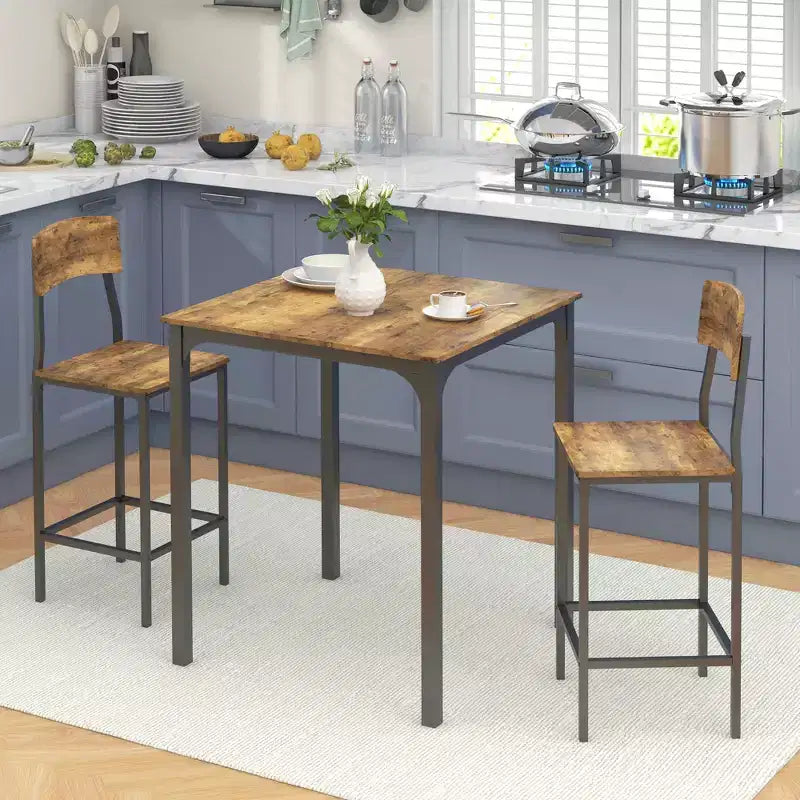 HOMCOM Ensemble table et chaises de bar 3 pièces de style industriel, hauteur comptoir, avec pieds et repose-pieds en acier