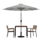 Emma and Oliver 5 Piece Patio Table Set - 2 Synthetic Faux Teak Stackable Chairs - Faux Teak Table - Umbrella with Base