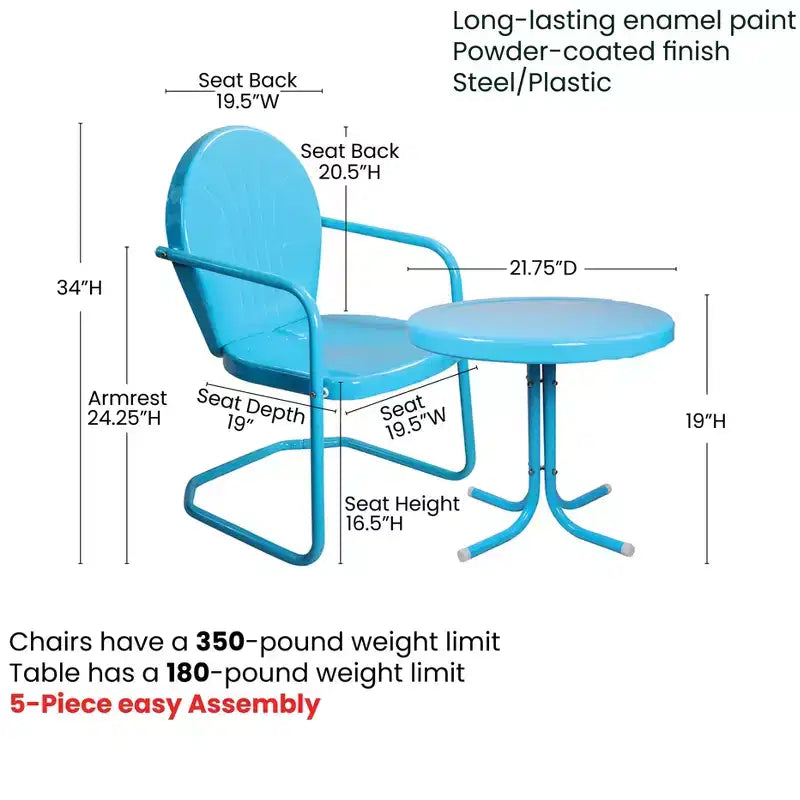 Ensemble d'extérieur Northlight 3 pièces composé de chaises et d'une table d'appoint rétro en métal motif tulipe, bleu ciel