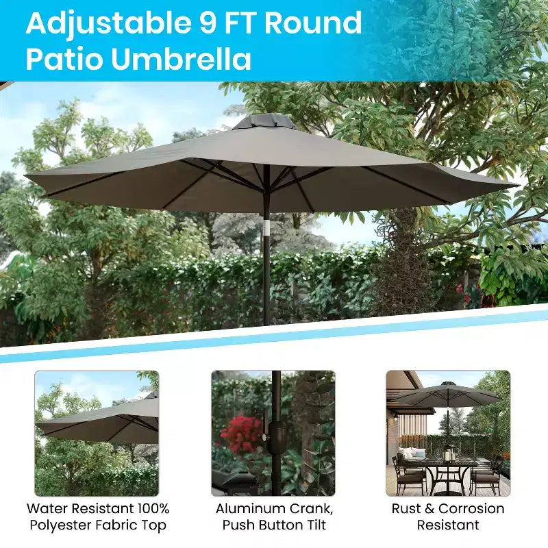 Ensemble de salle à manger 7 pièces Merrick Lane avec parasol et base - Table à cadre en acier avec trou pour parasol et 4 fauteuils de club