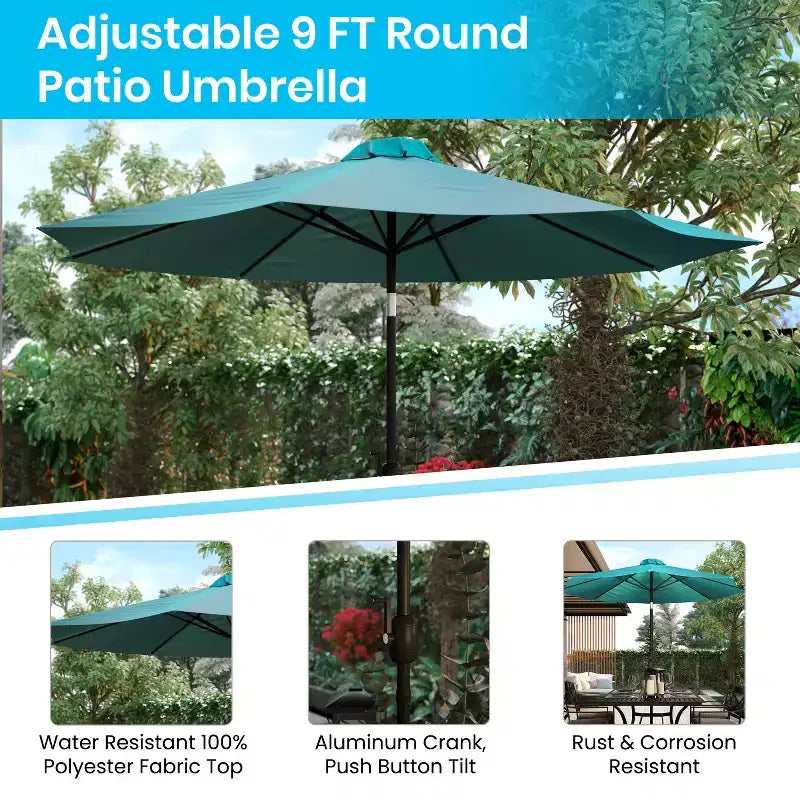 Ensemble de salle à manger 7 pièces Merrick Lane avec parasol et base - Table à cadre en acier avec trou pour parasol et 4 fauteuils de club