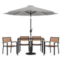 Merrick Lane 7 Piece Dining Set with Umbrella & Base - Steel Framed Table with Umbrella Hole & 4 Club Chairs