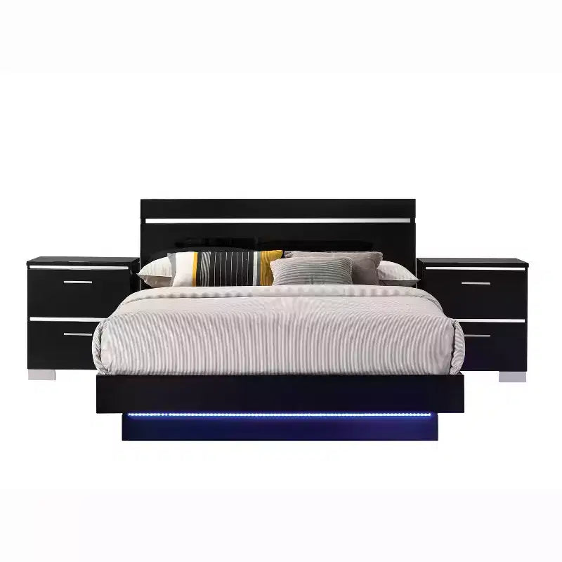 Lit Cavatao 3 pièces avec 2 tables de chevet Noir/Chrome - miBasics