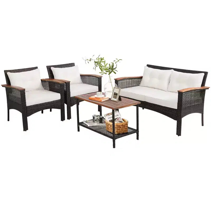 Costway Ensemble de 4 Meubles de Patio en Rotin et Bois d'Acacia avec Coussins Canapé Accoudoirs pour Terrasse