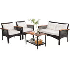 Costway Ensemble de 4 Meubles de Patio en Rotin et Bois d'Acacia avec Coussins Canapé Accoudoirs pour Terrasse