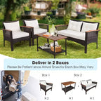 Costway Ensemble de 4 Meubles de Patio en Rotin et Bois d'Acacia avec Coussins Canapé Accoudoirs pour Terrasse