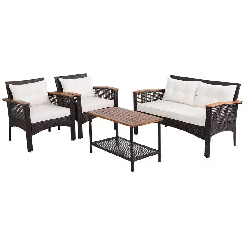 Costway Ensemble de 4 Meubles de Patio en Rotin et Bois d'Acacia avec Coussins Canapé Accoudoirs pour Terrasse