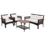 Costway Ensemble de 4 Meubles de Patio en Rotin et Bois d'Acacia avec Coussins Canapé Accoudoirs pour Terrasse