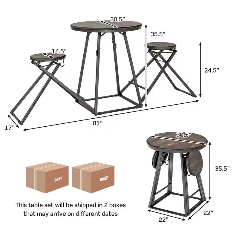 Ensemble table de bar 3 pièces Costway Table de salle à manger ronde et 2 tabourets pliables avec cadre en métal