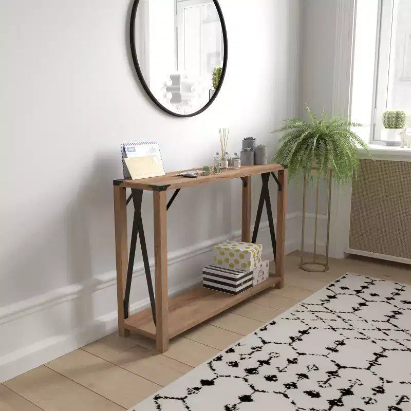 Console d'entrée de style ferme moderne à deux niveaux en bois avec coins en métal et croix de renfort