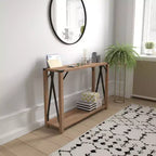 Console d'entrée de style ferme moderne à deux niveaux en bois avec coins en métal et croix de renfort