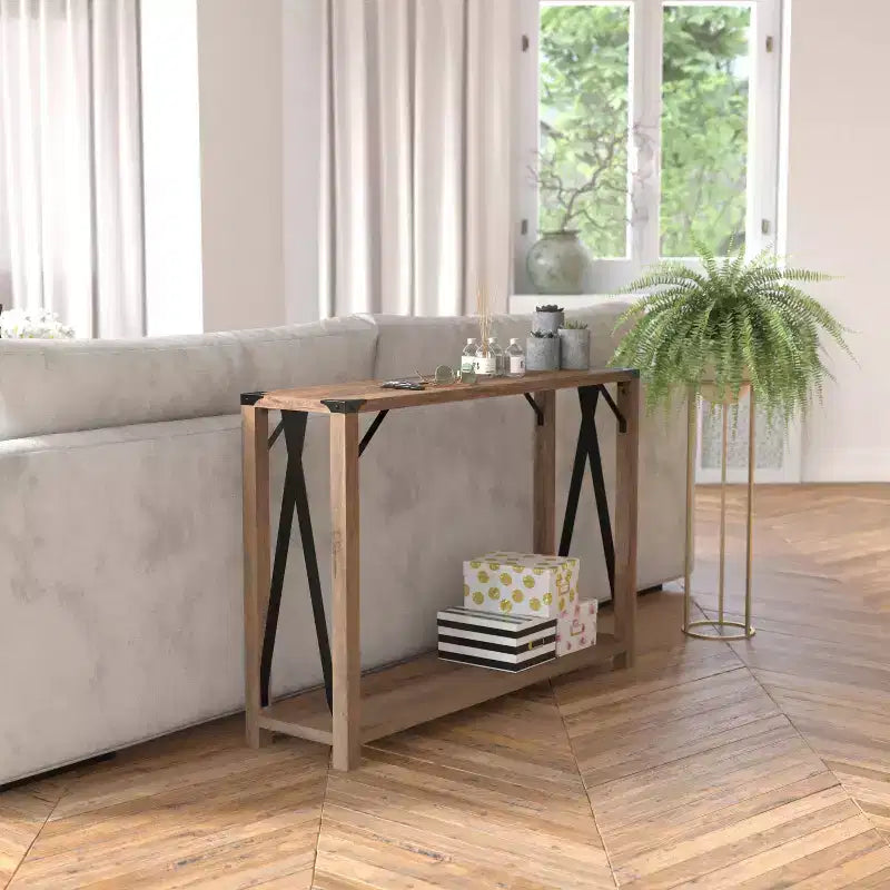 Console d'entrée de style ferme moderne à deux niveaux en bois avec coins en métal et croix de renfort