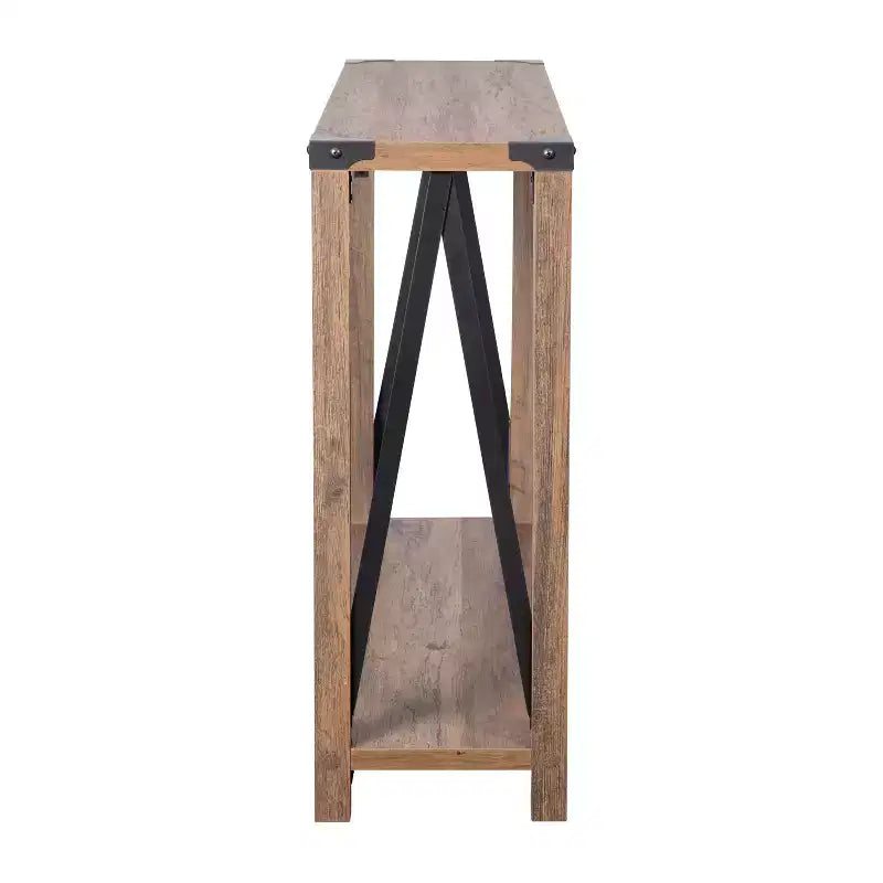 Console d'entrée de style ferme moderne à deux niveaux en bois avec coins en métal et croix de renfort