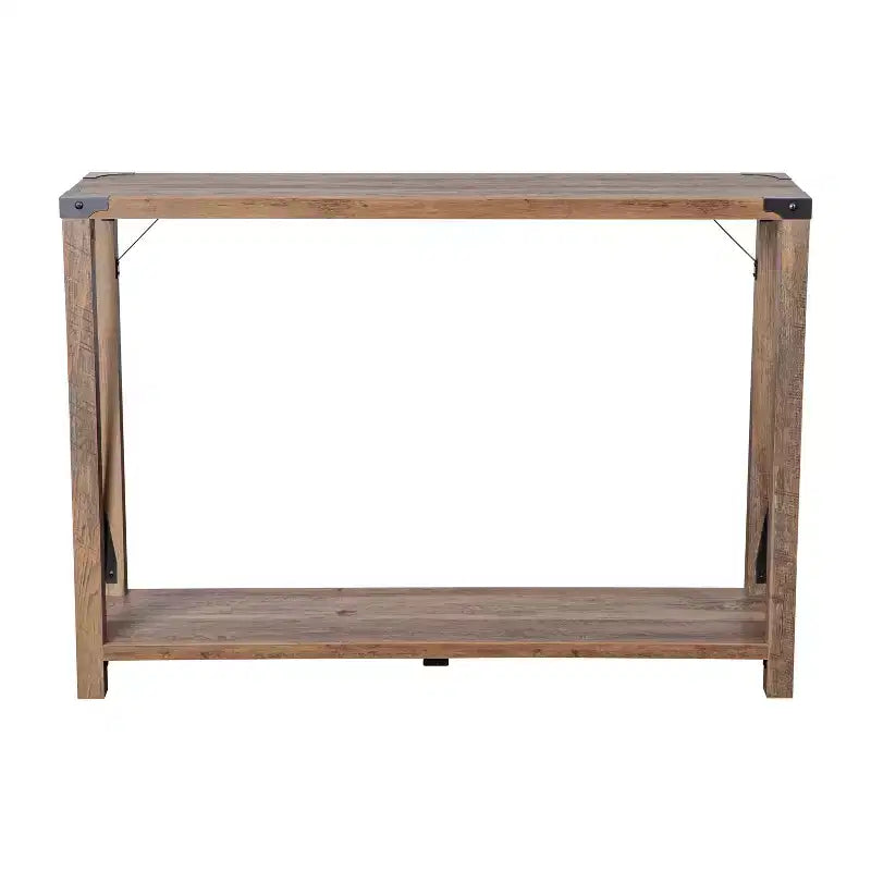 Console d'entrée de style ferme moderne à deux niveaux en bois avec coins en métal et croix de renfort