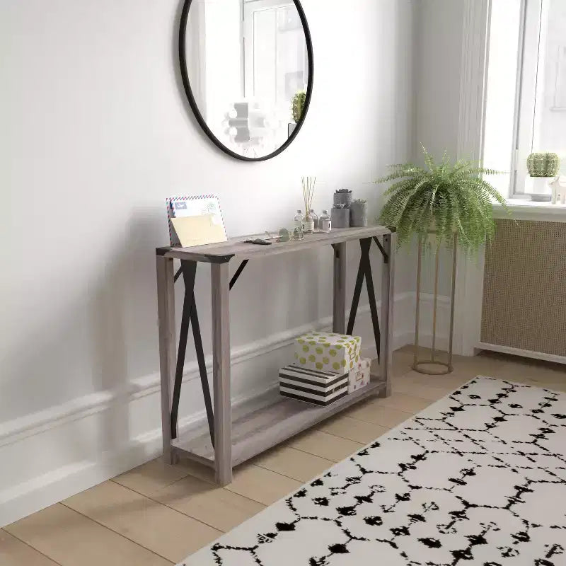 Console d'entrée de style ferme moderne à deux niveaux en bois avec coins en métal et croix de renfort