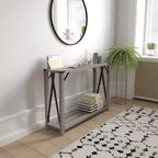Console d'entrée de style ferme moderne à deux niveaux en bois avec coins en métal et croix de renfort