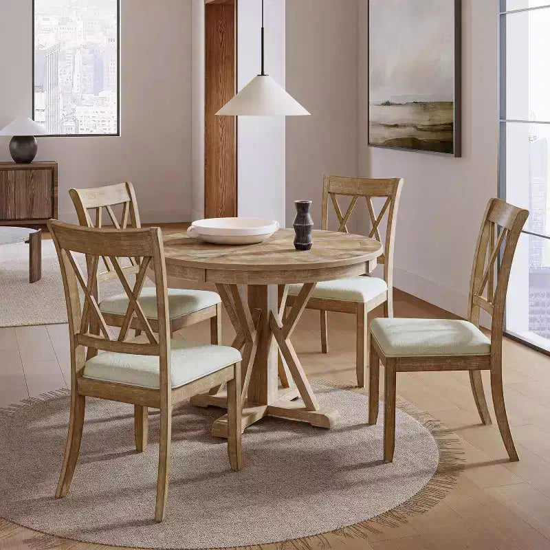 Ensemble de salle à manger rond 5 pièces Noelia naturel avec 4 chaises et table ronde | ART OF LIVING DESIGNS-Naturel