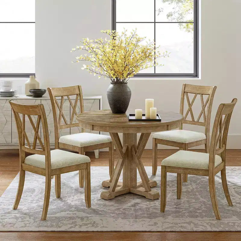 Ensemble de salle à manger rond 5 pièces Noelia naturel avec 4 chaises et table ronde | ART OF LIVING DESIGNS-Naturel
