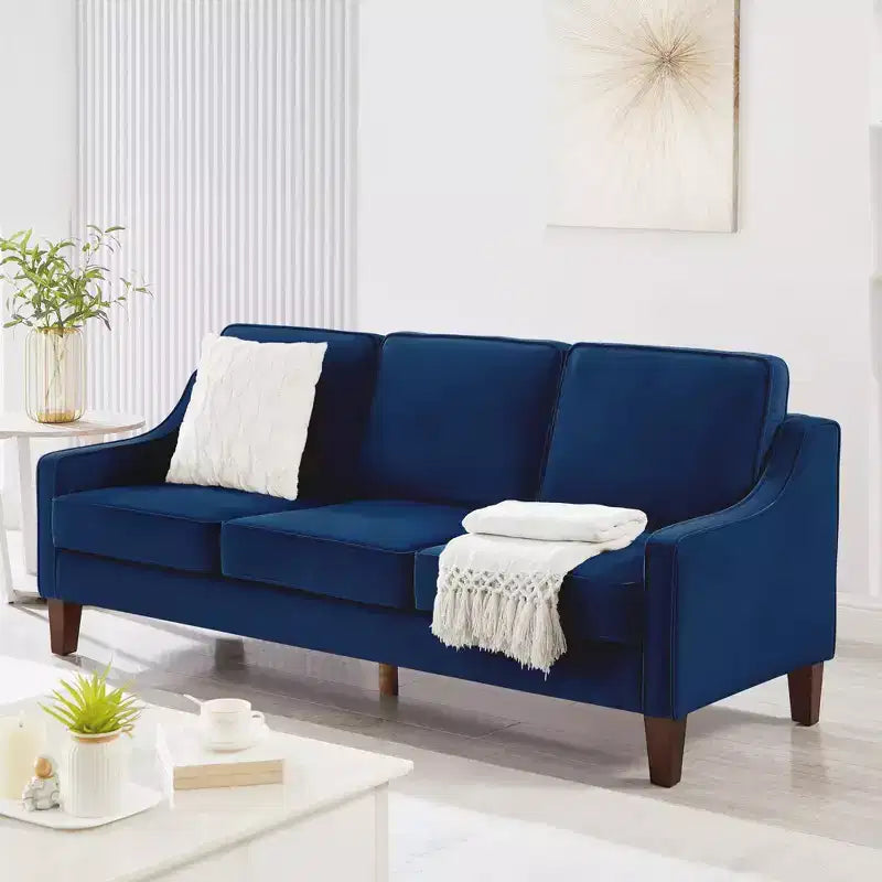 Fauteuil/Causeuse/Canapé 3 places rembourré avec accoudoirs arrondis et pieds en bois, Bleu marine/Noir/Taupe, 4W-ModernLuxe
