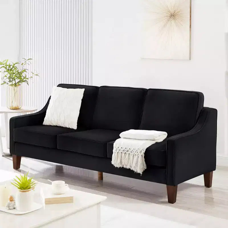 Fauteuil/Causeuse/Canapé 3 places rembourré avec accoudoirs arrondis et pieds en bois, Bleu marine/Noir/Taupe, 4W-ModernLuxe