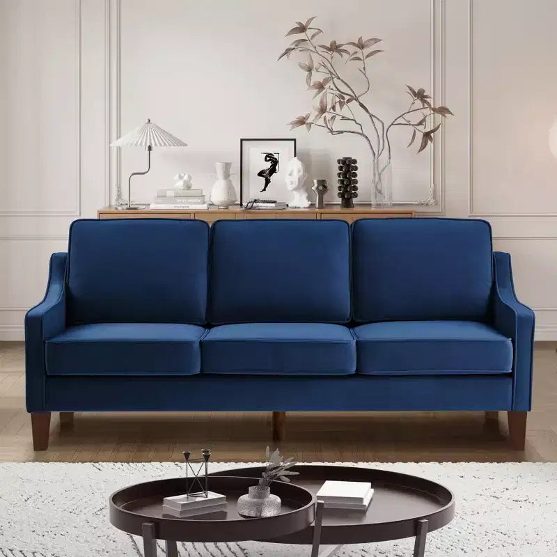 Fauteuil/Causeuse/Canapé 3 places rembourré avec accoudoirs arrondis et pieds en bois, Bleu marine/Noir/Taupe, 4W-ModernLuxe